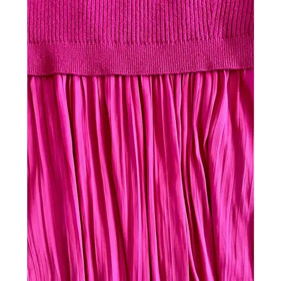 Anthro Pink Pleated Midi Dress Mock Neck Fit & Flare XL - Picture 4 of 6